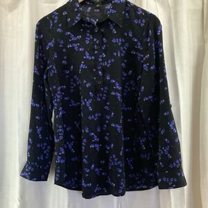 Ann Taylor Loft‎ Petite Small Blouse Roll Tab Sleeve Black Purple Popover
